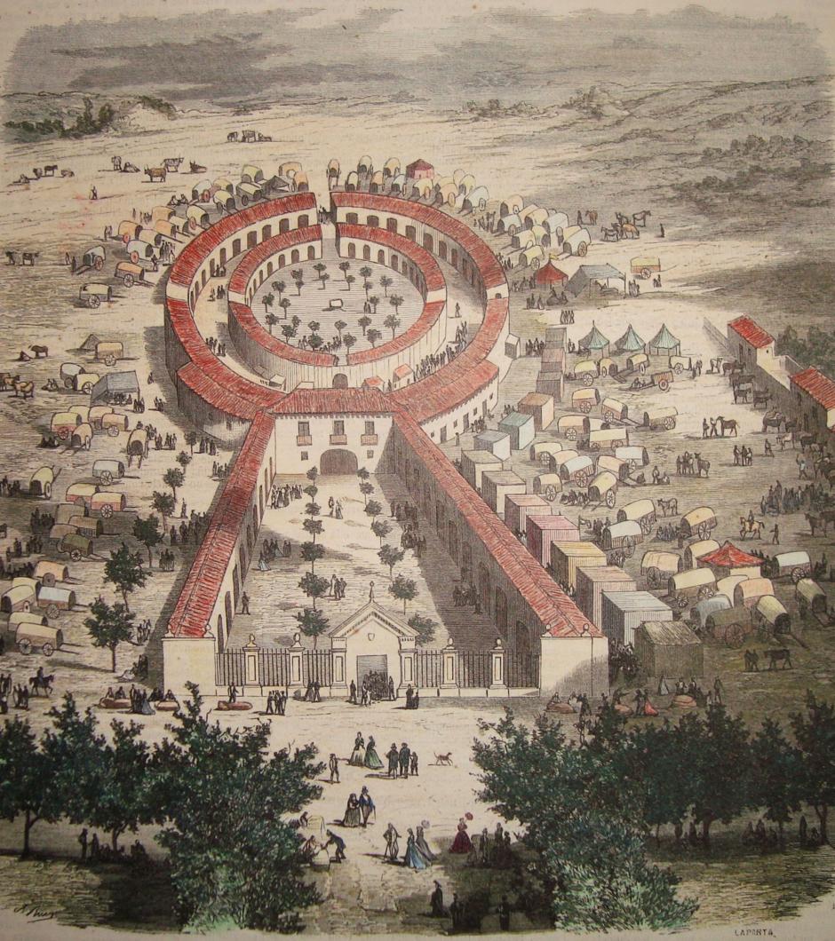 Grabado coloreado del Recinto Ferial en 1866