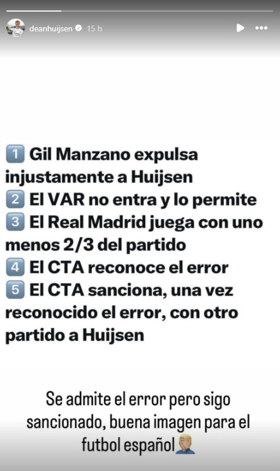 Captura de pantalla del mensaje que publicó Huijsen en redes sociales