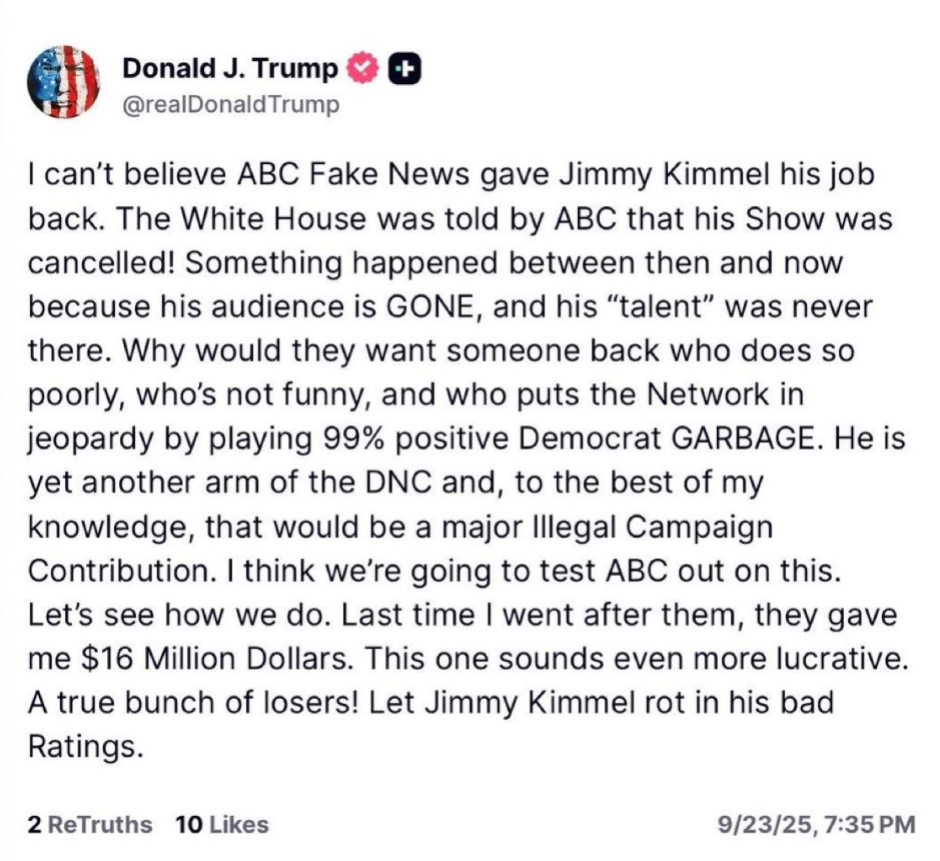 Reacción de Trump ante el regreso del programa de Jimmy Kimmel