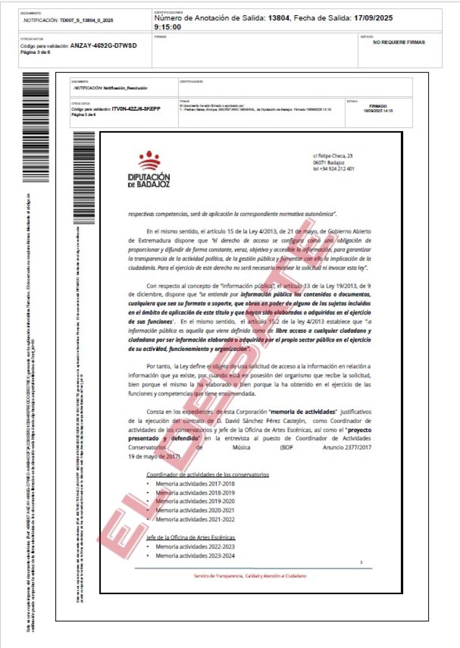 Resolución de la Diputación de Badajoz del 17 de septiembre