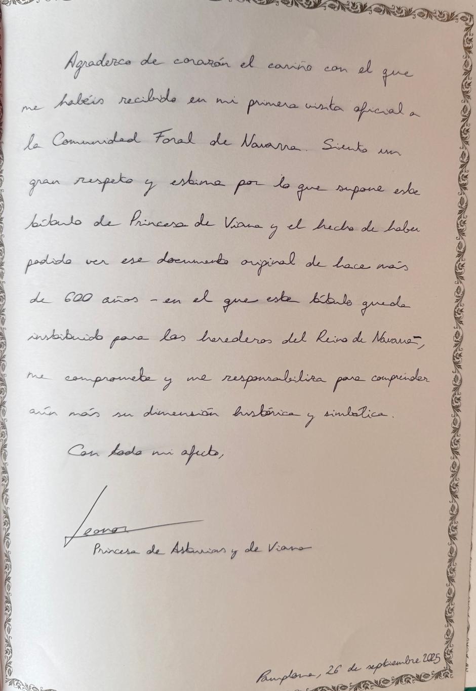 Primera dedicatoria de Doña Leonor como Princesa de Asturias y de Viana