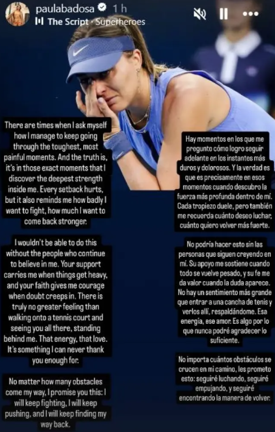 Comunicado de Paula Badosa en su cuenta de Instagram