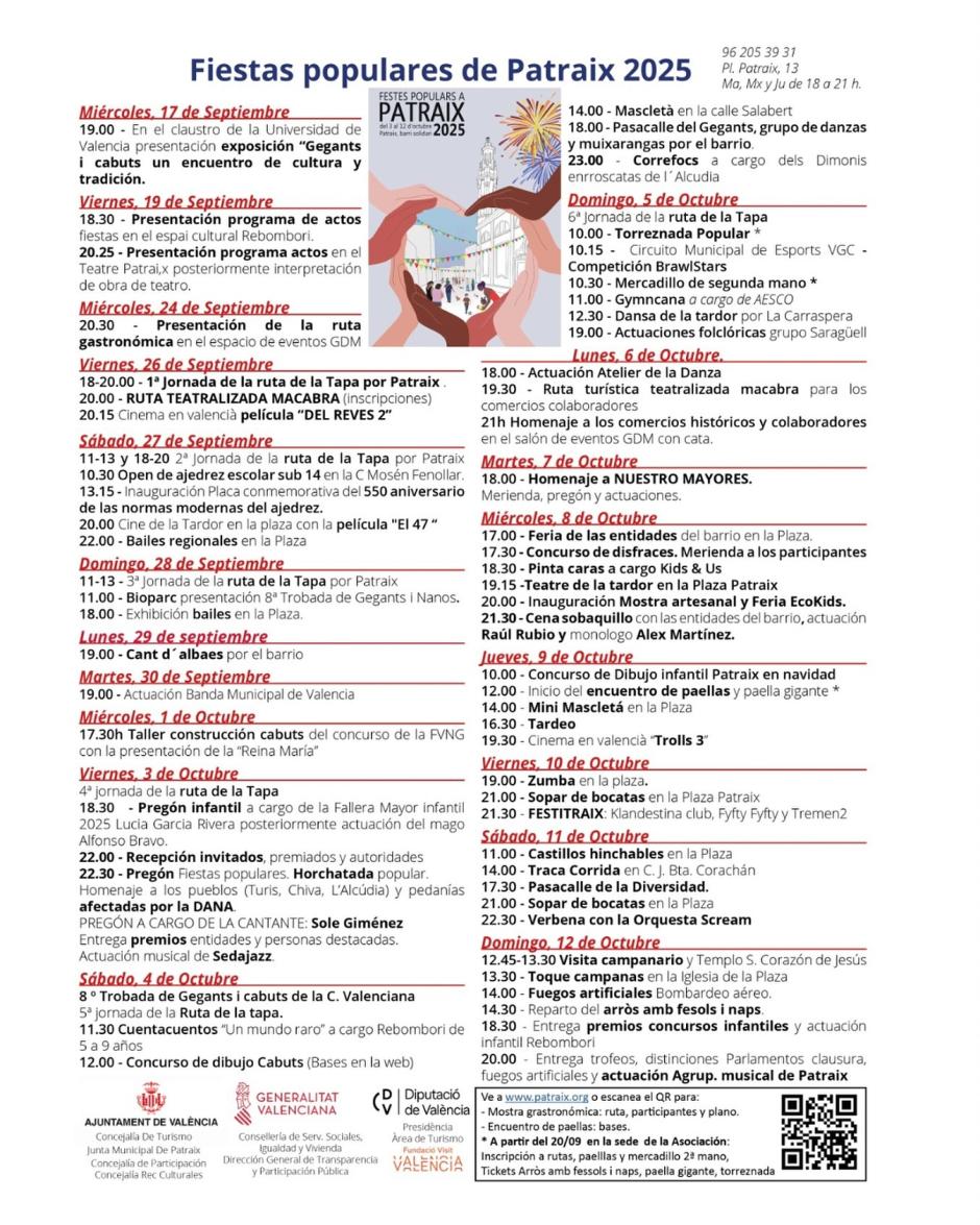 Programa de actos de las Fiestas Populares 2025 del barrio de Patraix de Valencia.