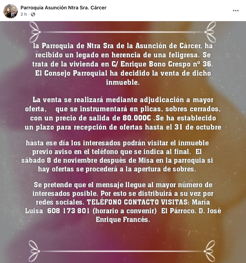 Imagen de la publicación de la Parroquia Nuestra Señora de la Asunción de Càrcer.