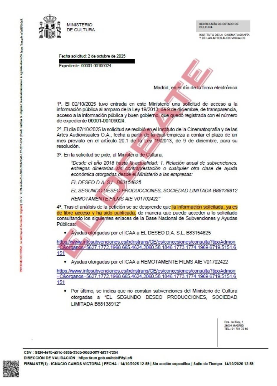 Resolución del Instituto de la Cinematografía y de las Artes Audiovisuales del 14 de octubre