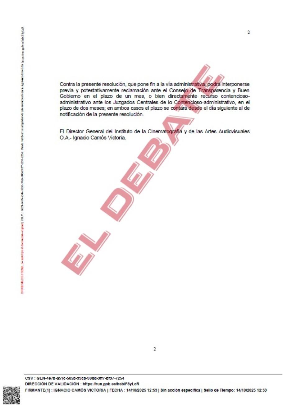 Resolución del Instituto de la Cinematografía y de las Artes Audiovisuales del 14 de octubre