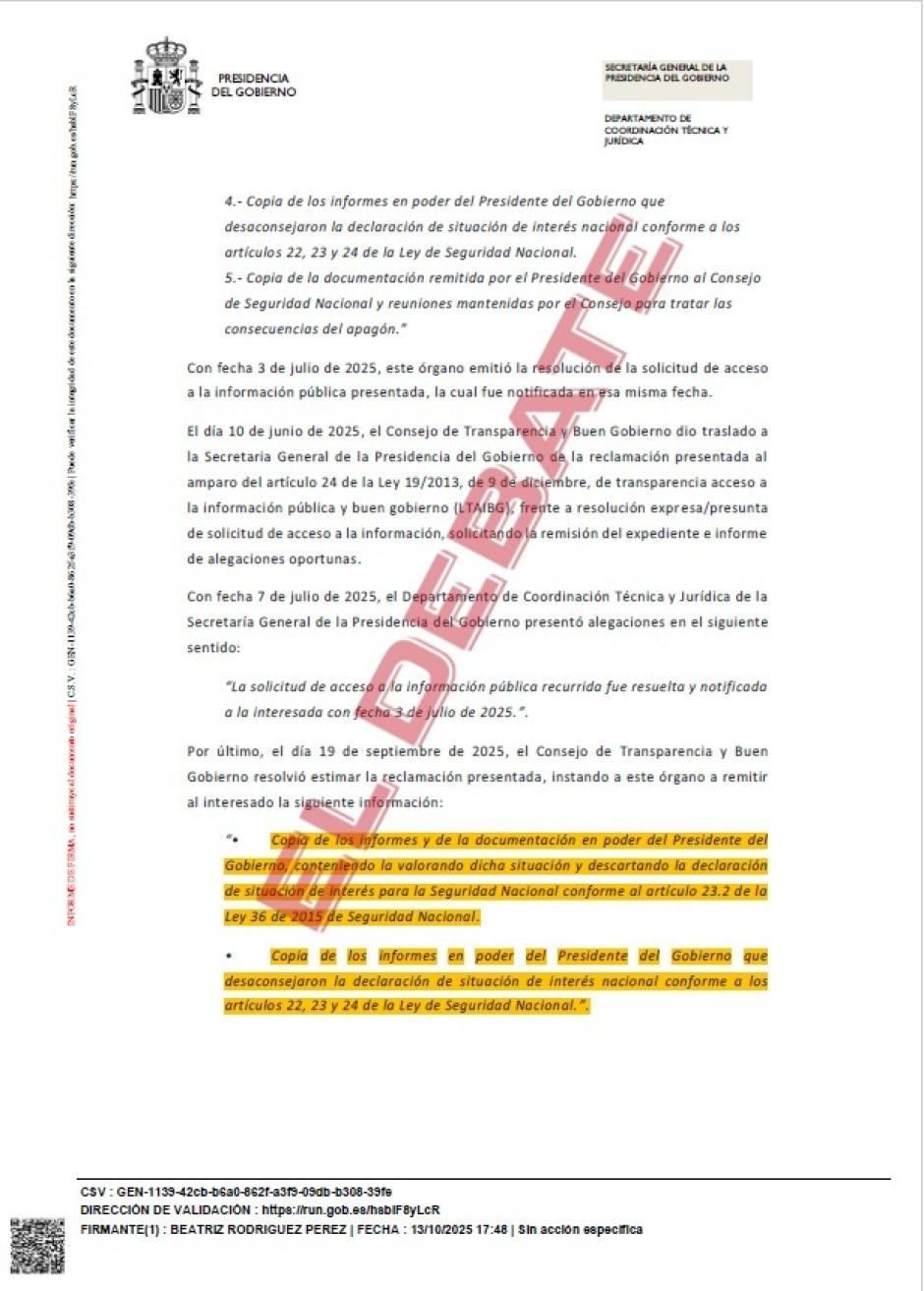 Escrito de Presidencia del 13 de octubre cumpliendo la resolución estimatoria sobre el apagón del 28-A  del CTBG en favor de El Debate
