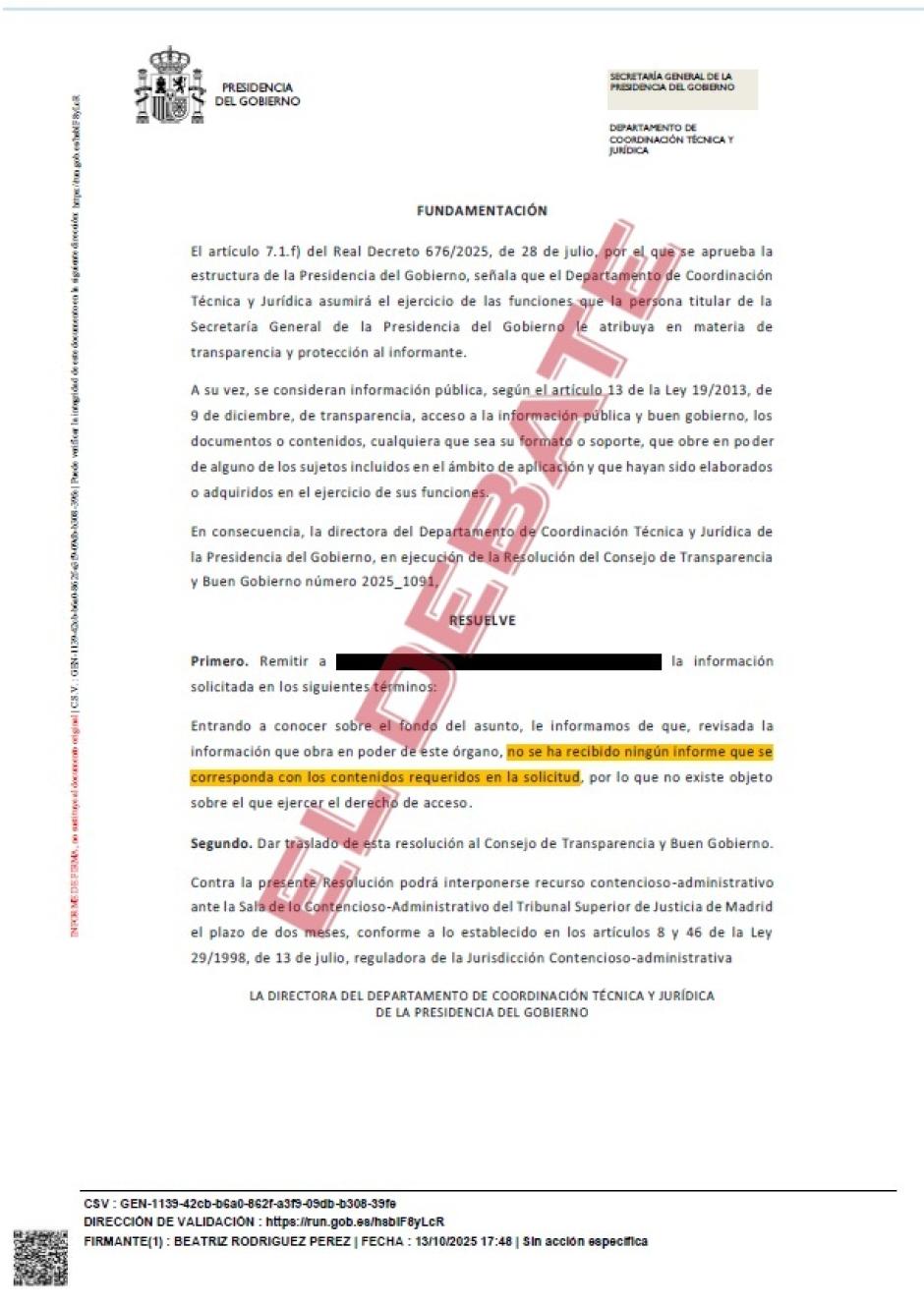 Escrito de Presidencia del 13 de octubre cumpliendo la resolución estimatoria sobre el apagón del 28-A  del CTBG en favor de El Debate