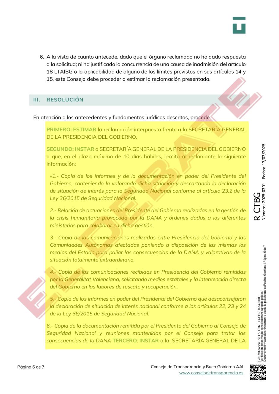 Resolución estimatoria del CTBG del 17 de marzo de 2025 sobre la dana y la gestión del Gobierno en materia de Seguridad Nacional