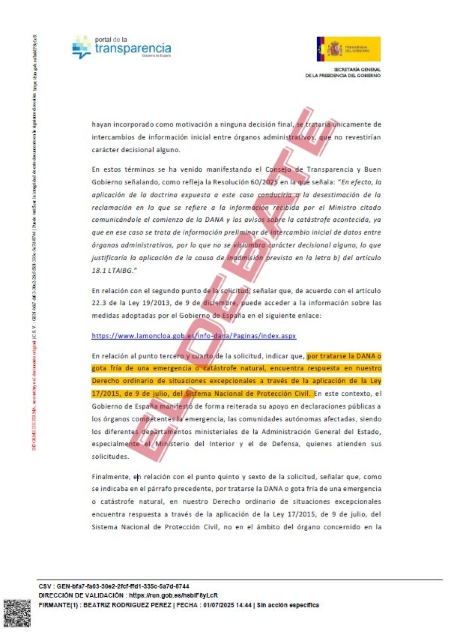 Escrito de Presidencia del pasado 1 de julio en cumplimiento de la resolución estimatoria del CTBG amparando a El Debate sobre la Dana y la Seguridad Nacional