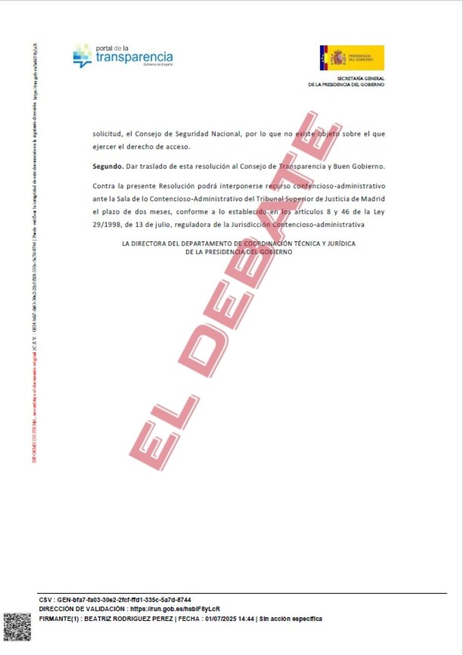 Escrito de Presidencia del pasado 1 de julio en cumplimiento de la resolución estimatoria del CTBG amparando a El Debate sobre la Dana y la Seguridad Nacional