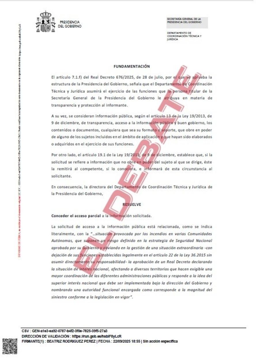 Resolución de Presidencia del Gobierno del 22 de septiembre sobre los incendios