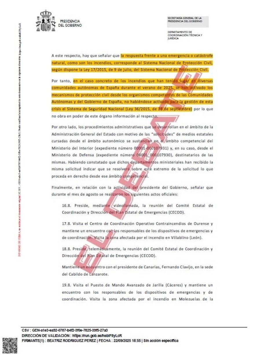 Resolución de Presidencia del Gobierno del 22 de septiembre sobre los incendios