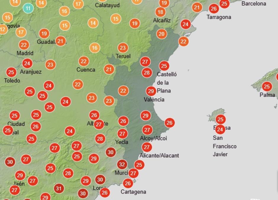 Mapa con las temperaturas máximas previstas para este sábado 25 de octubre en la Comunidad Valenciana.