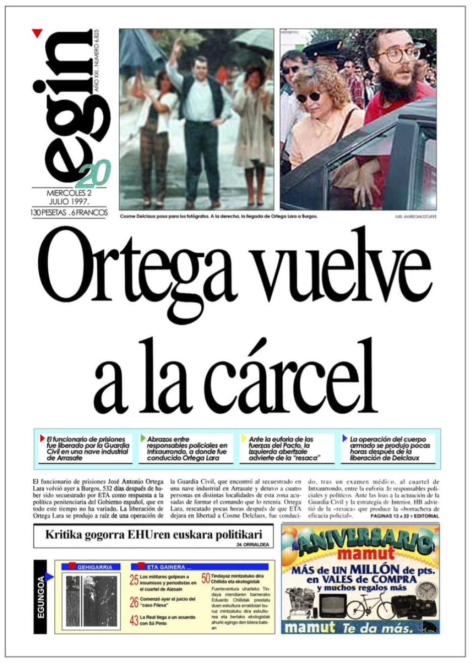 Portada del periódico 'Egin' cuando liberaron a Ortega Lara