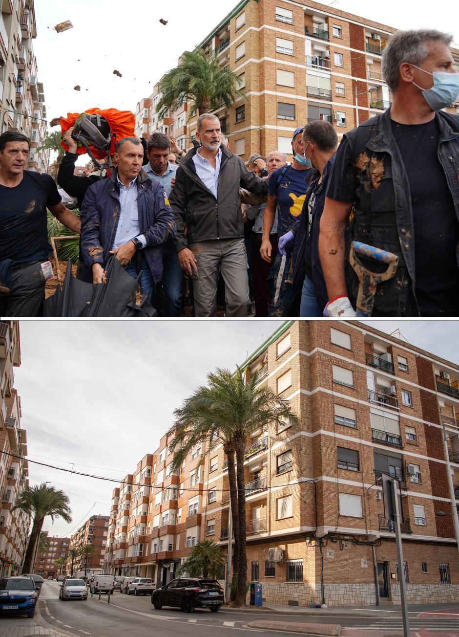 Lluvia de barro en el recibimiento a los Reyes, Mazón y Sánchez en Paiporta