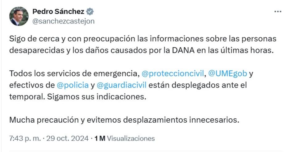 Tuit de Sánchez el día de la DANA publicado desde la India