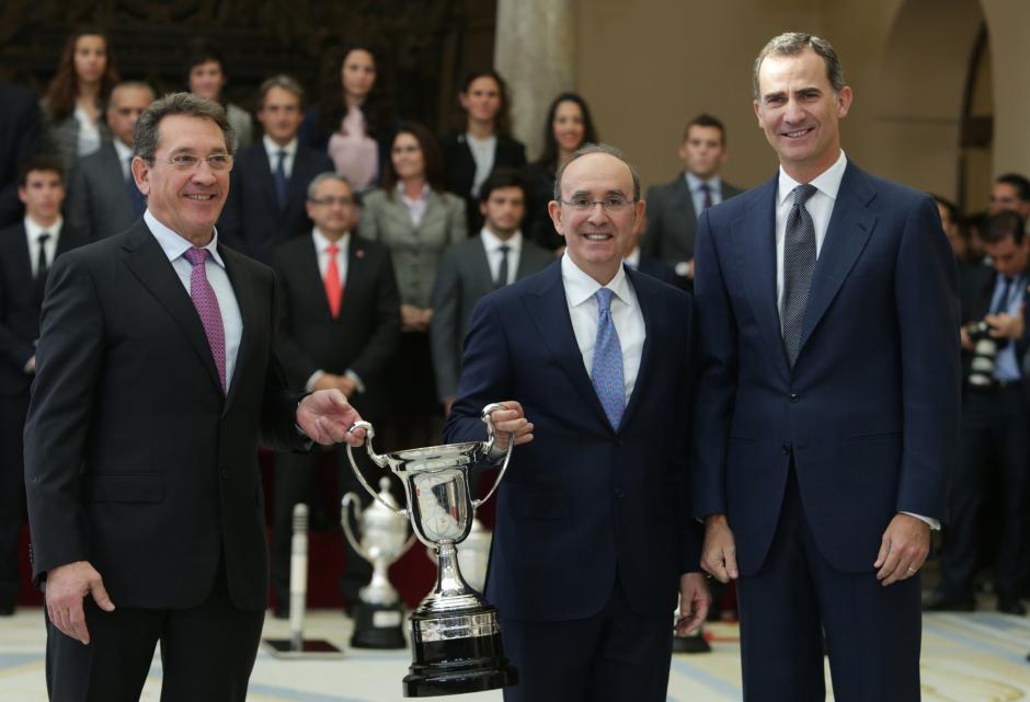Spain King Felipe VI with Eduardo Anitua Aldecoa and Mikel Sanchez Alvarez at the Sports National Awards at 'El Pardo' palace in Madrid, Spain, on November 17th, 2015