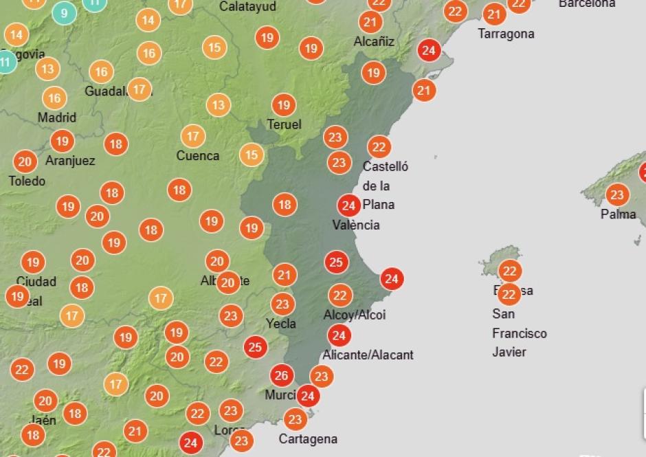 Mapa de las temperaturas máximas previstas este viernes 31 de octubre en la Comunidad Valenciana.