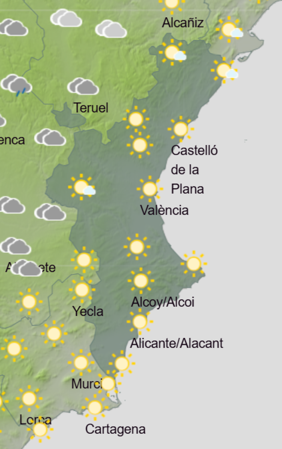 Mapa de Aemet con la previsión del tiempo en la Comunidad Valenciana este jueves 6 de noviembre de 2025
