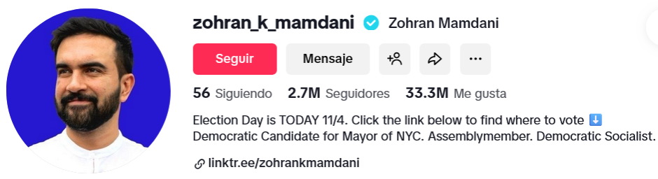 Perfil de Zohran Mamdani (@zohran_k_mamdani) en TikTok