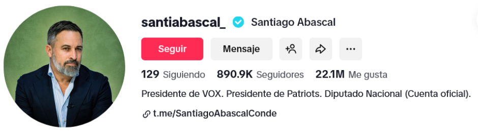 Cuenta oficial del Santiago Abascal en TikTok
