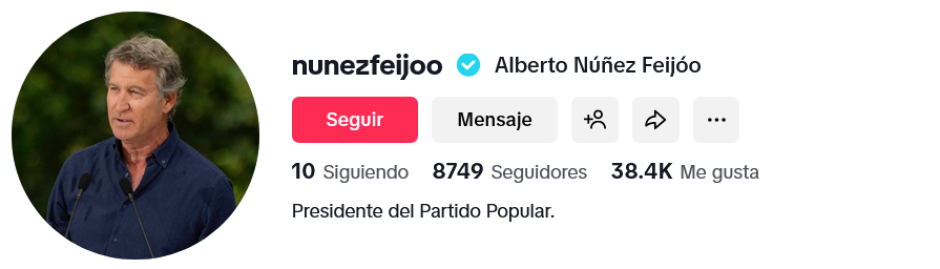 Cuenta oficial de Alberto Núñez Feijóo en TikTok