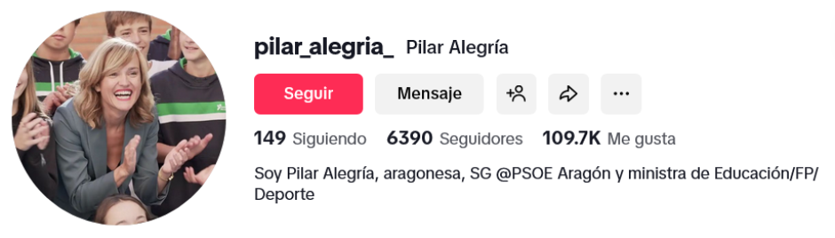 Cuenta oficial de Pilar Alegría en TikTok