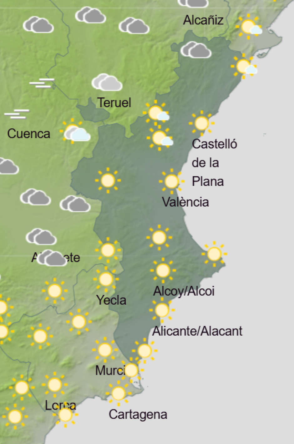 Mapa de Aemet con la previsión del tiempo en la Comunidad Valenciana para este viernes 7 de noviembre de 2025