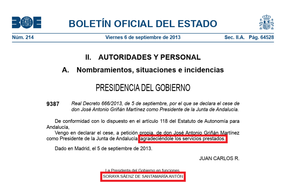 Así recogió el BOE a la salida de Griñán tras el reventón de los ERE de Andalucía