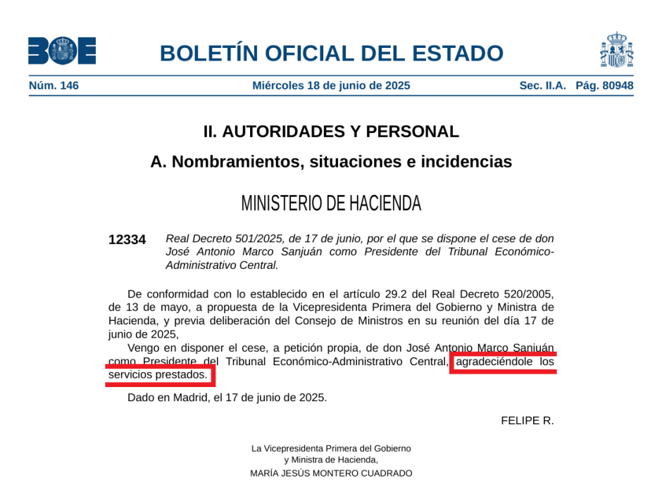 Así recogió el BOE la salida de José Antonio Marco Sanjuán, presidente del TEAC