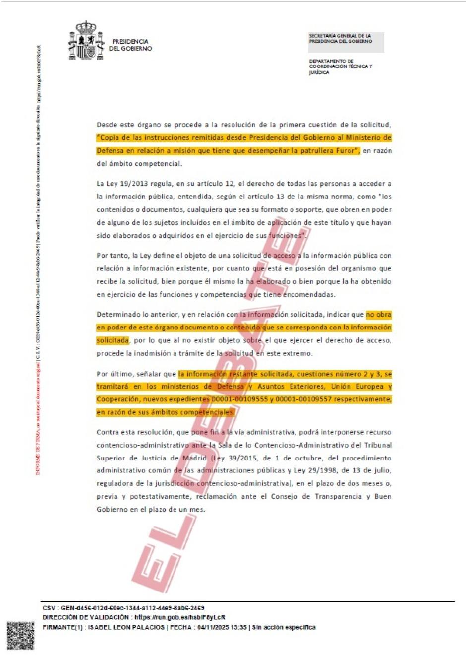 Resolución de Presidencia del Gobierno del 4 de noviembre