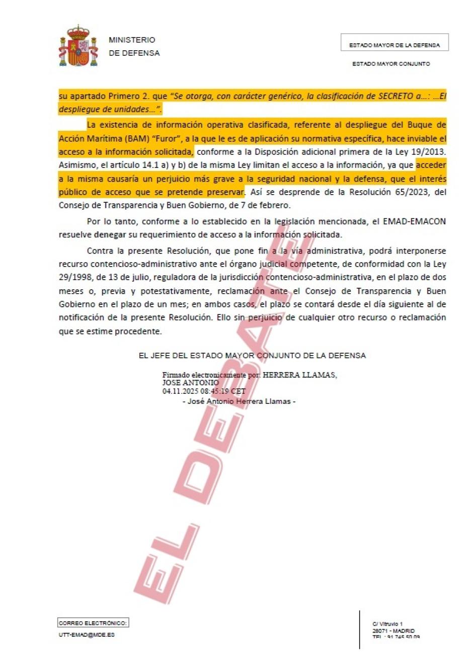 Resolución del Ministerio de Defensa del 4 de noviembre