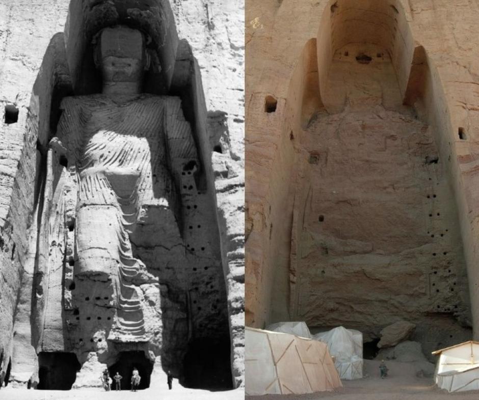 Uno de las Budas de Bamiyán antes y después de la destrucción
