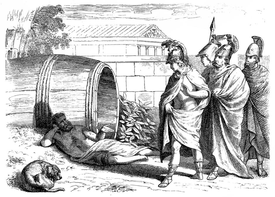 Grabado que representa el encuentro entre Diógenes y Alejandro Magno