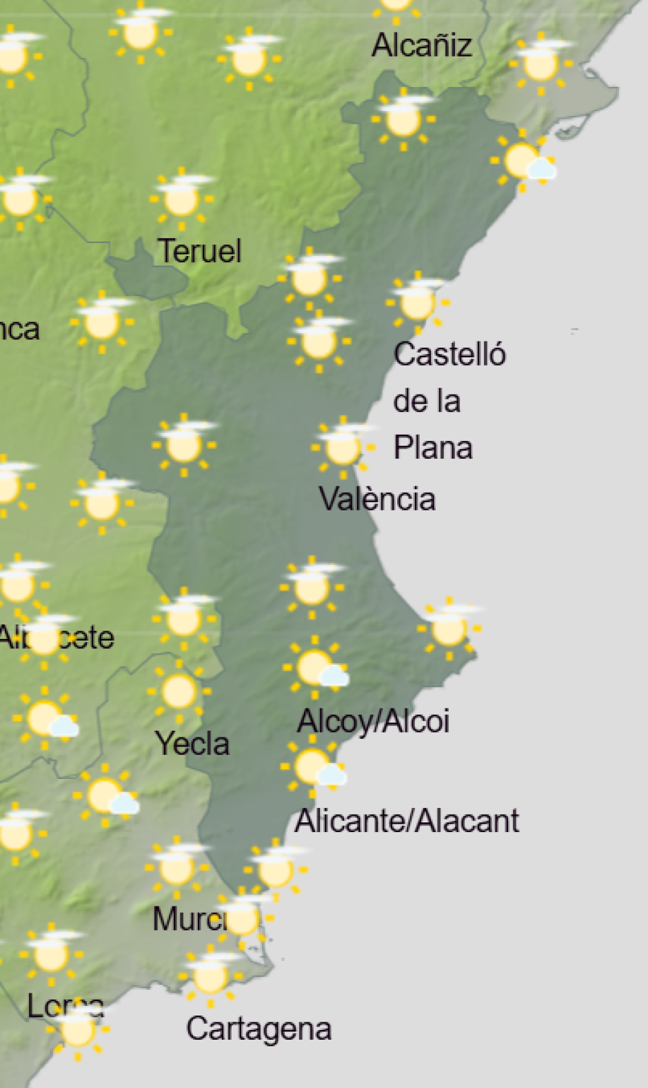 Mapa de Aemet con la previsión del tiempo en la Comunidad Valenciana este miércoles 19 de noviembre de 2025