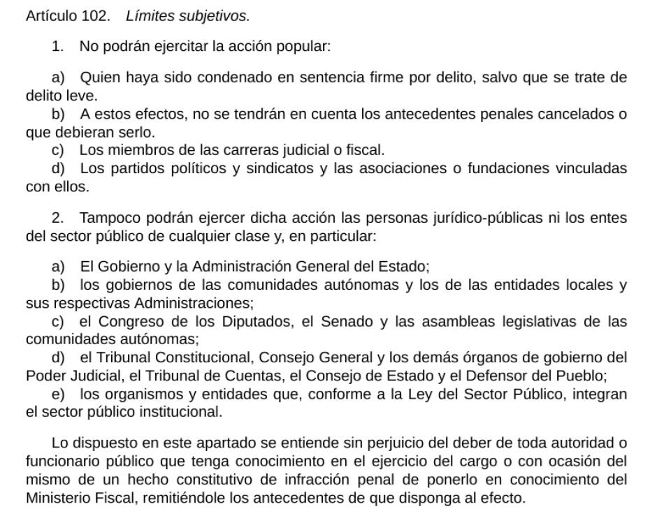 El nuevo redactado del artículo 102 de la Lecrim que propone el Gobierno