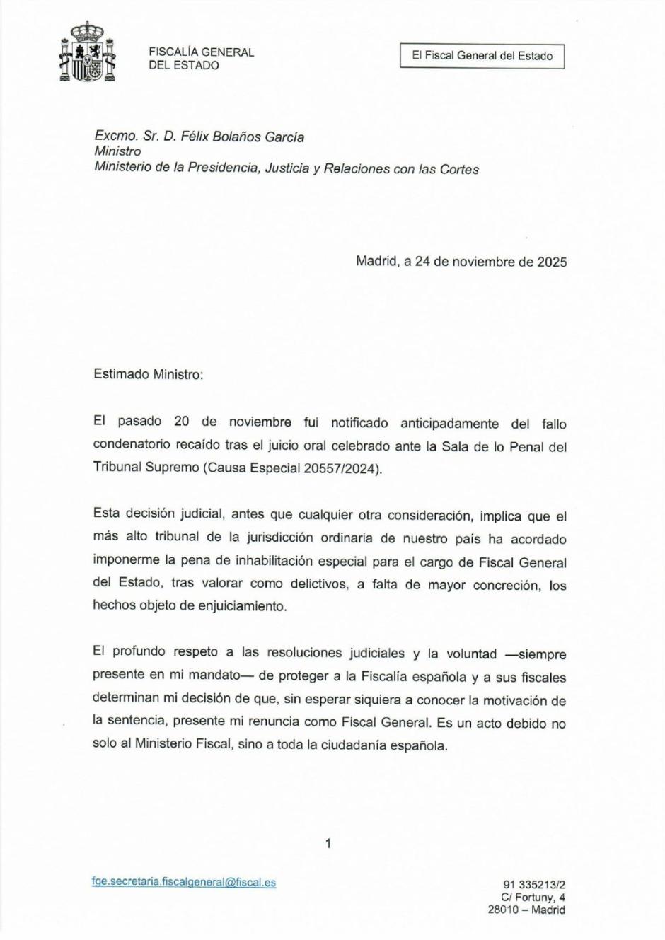 Carta de dimisión de Álvaro García Ortiz