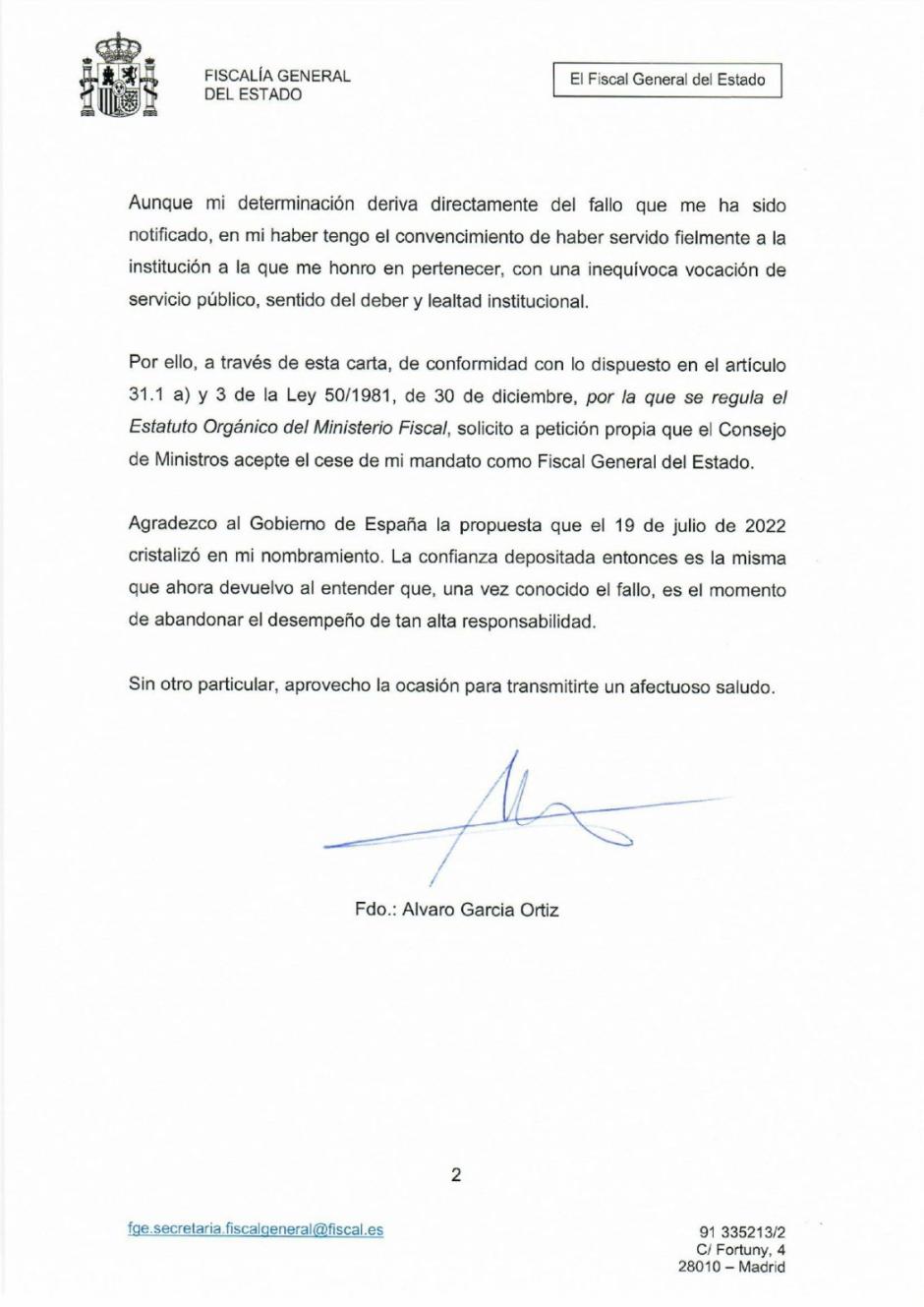 Carta de dimisión de Álvaro García Ortiz