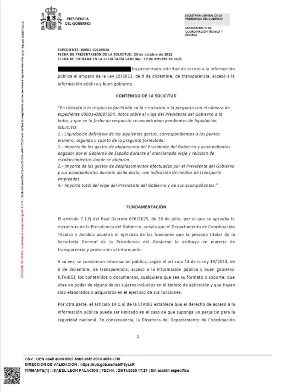 Extracto de la resolución de Presidencia del Gobierno del 25 de noviembre