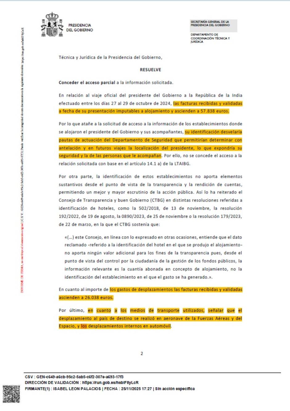 Extracto de la resolución de Presidencia del Gobierno del 25 de noviembre
