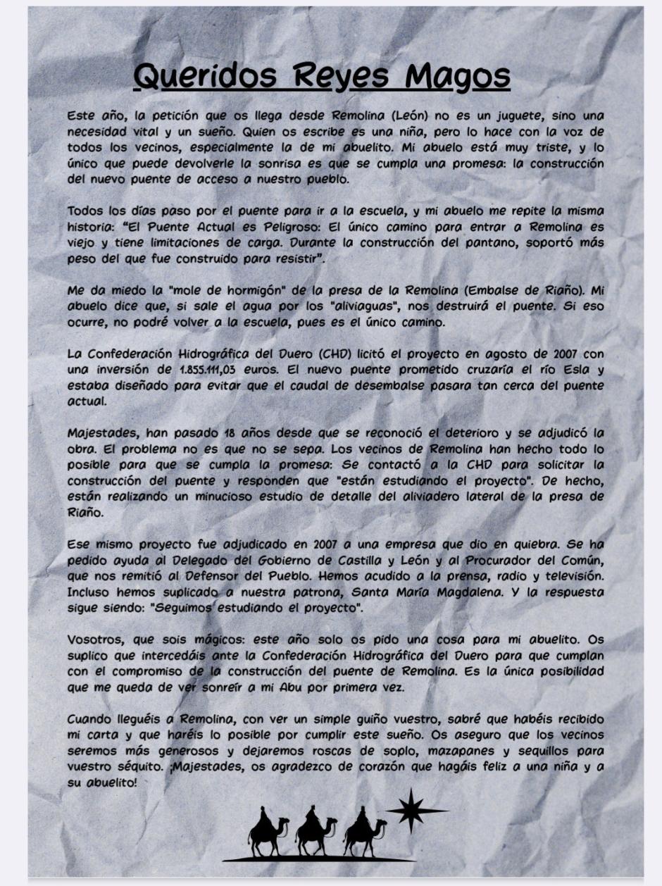 Carta a los Reyes Magos de los vecinos de un pueblo de León que llevan 18 años esperando un puente