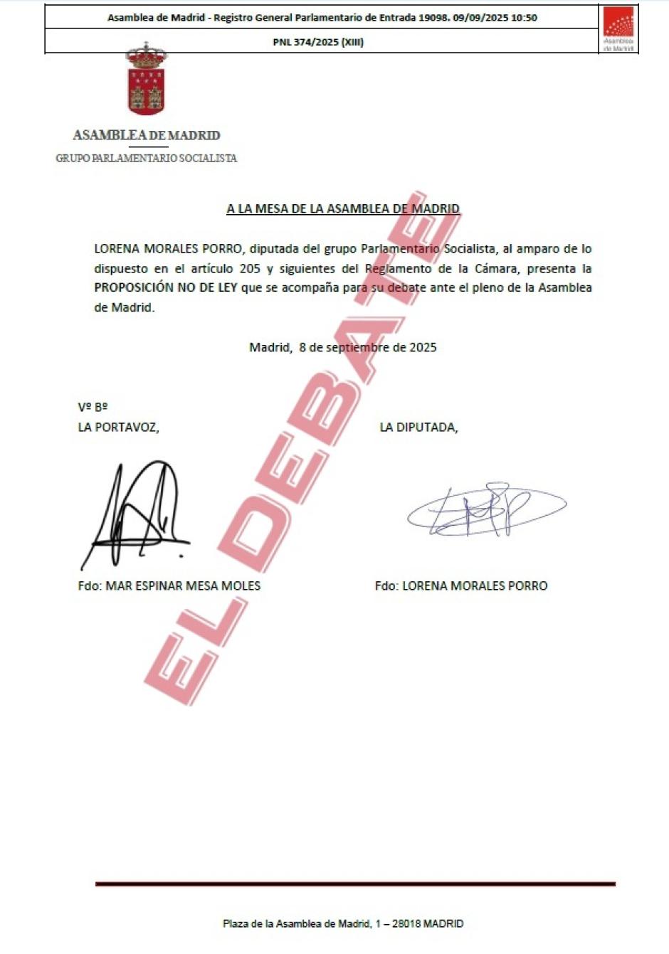 Extracto de la proposición del PSOE en la Asamblea de Madrid contra la prostitución