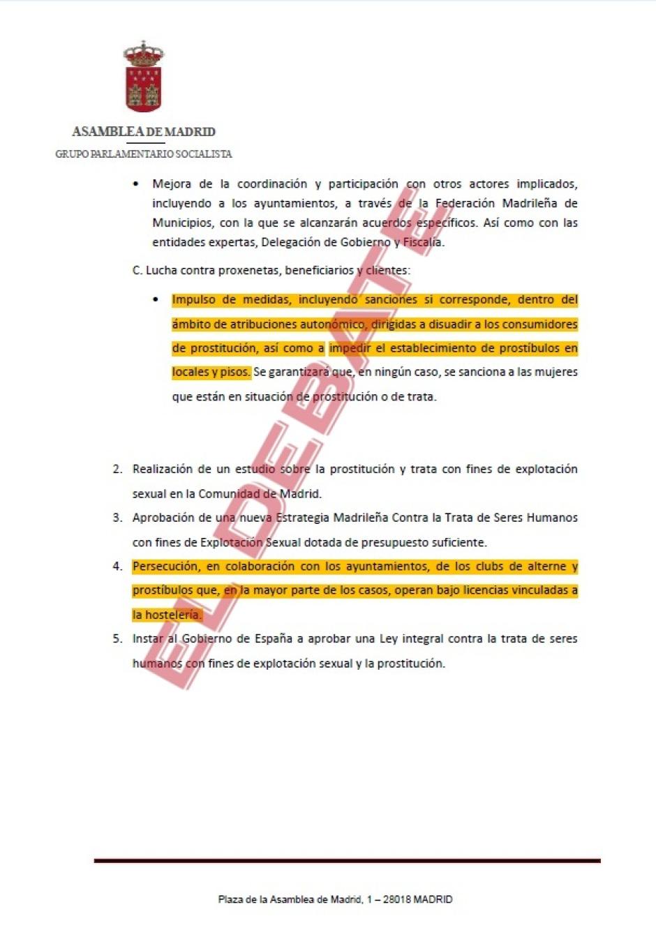 Extracto de la proposición del PSOE en la Asamblea de Madrid contra la prostitución