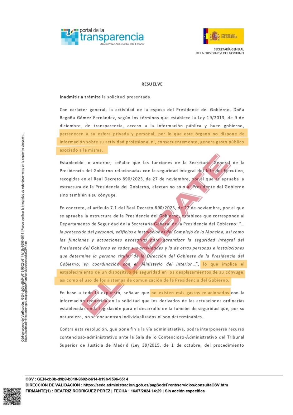 Resolución de Presidencia del 16 de julio de 2024 sobre los gastos de Begoña Gómez