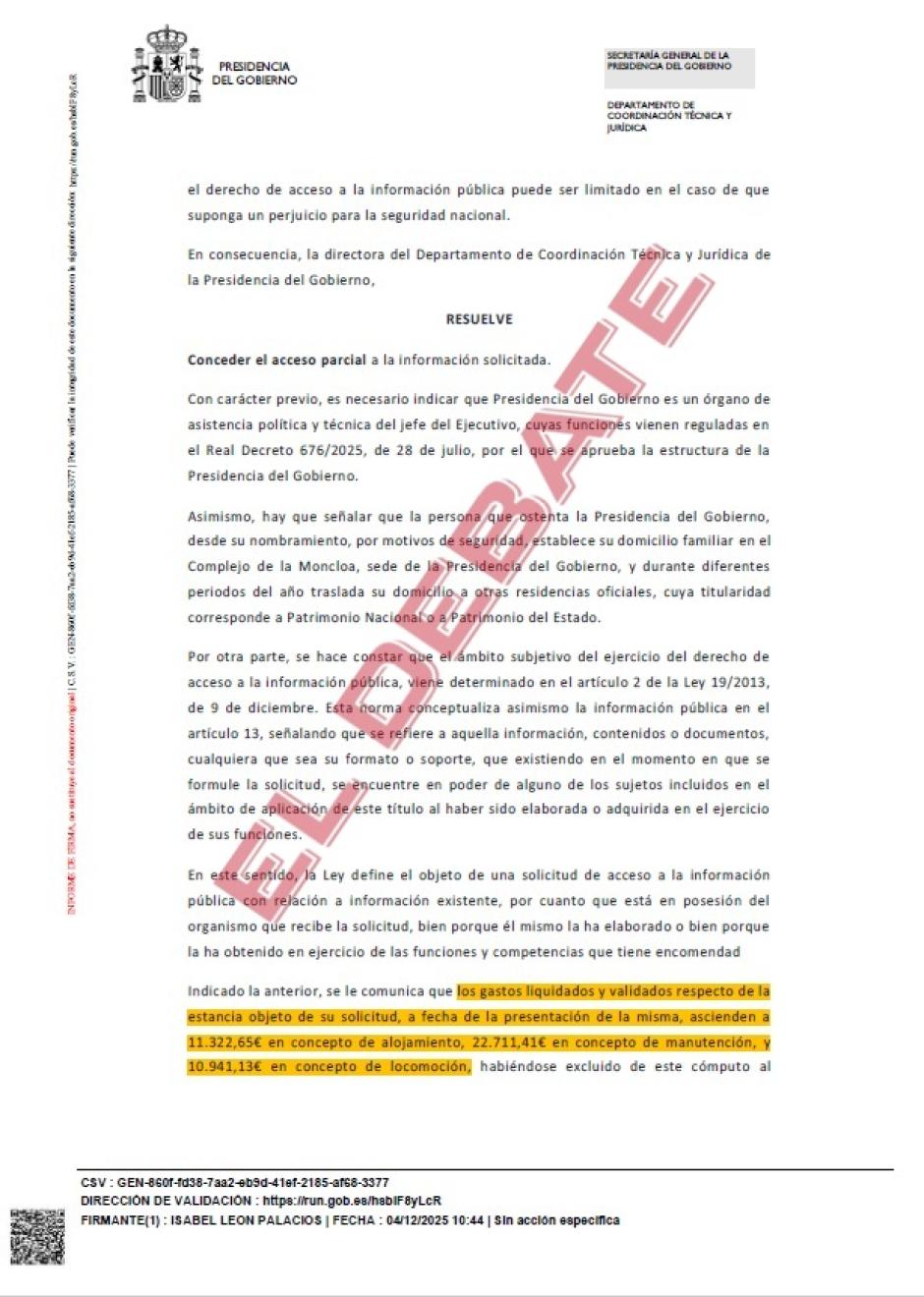 Resolución de Presidencia del 4 de diciembre de 2025 sobre el coste total de las vacaciones