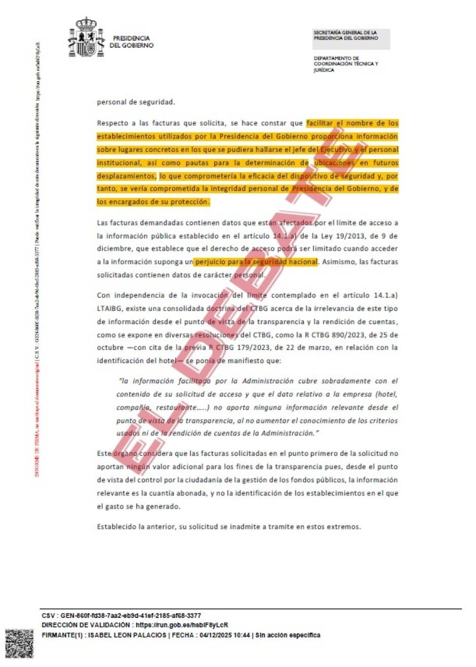 Resolución de Presidencia del 4 de diciembre de 2025 sobre el coste total de las vacaciones