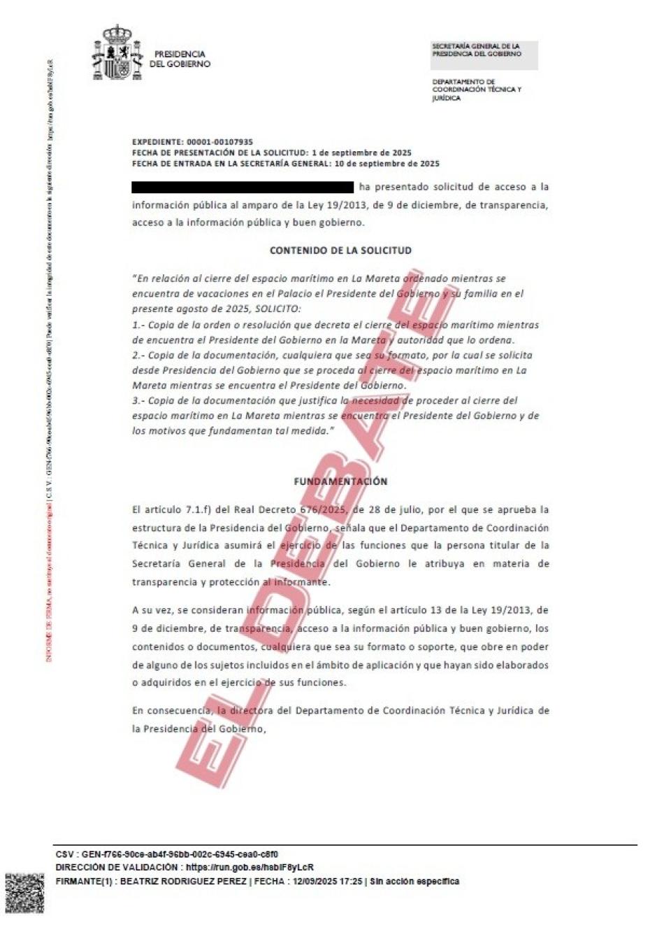 Resolución de Presidencia del 12 de septiembre sobre el cierre del espacio marítimo