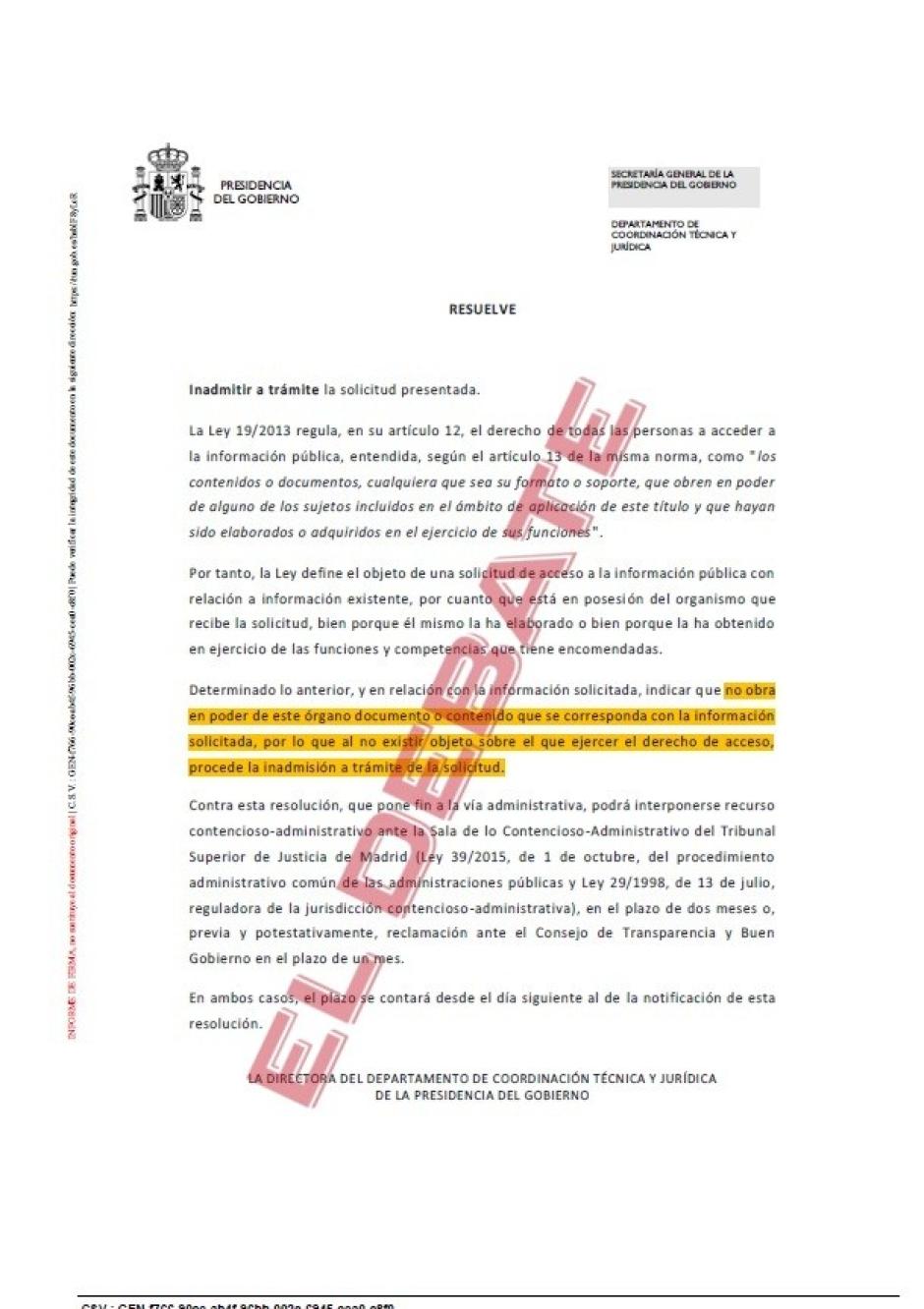 Resolución de Presidencia del 12 de septiembre sobre el cierre del espacio marítimo