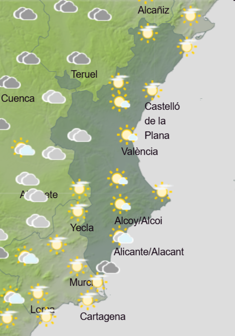 Mapa de Aemet con la previsión del tiempo en la Comunidad Valenciana este miércoles 10 de diciembre de 2025